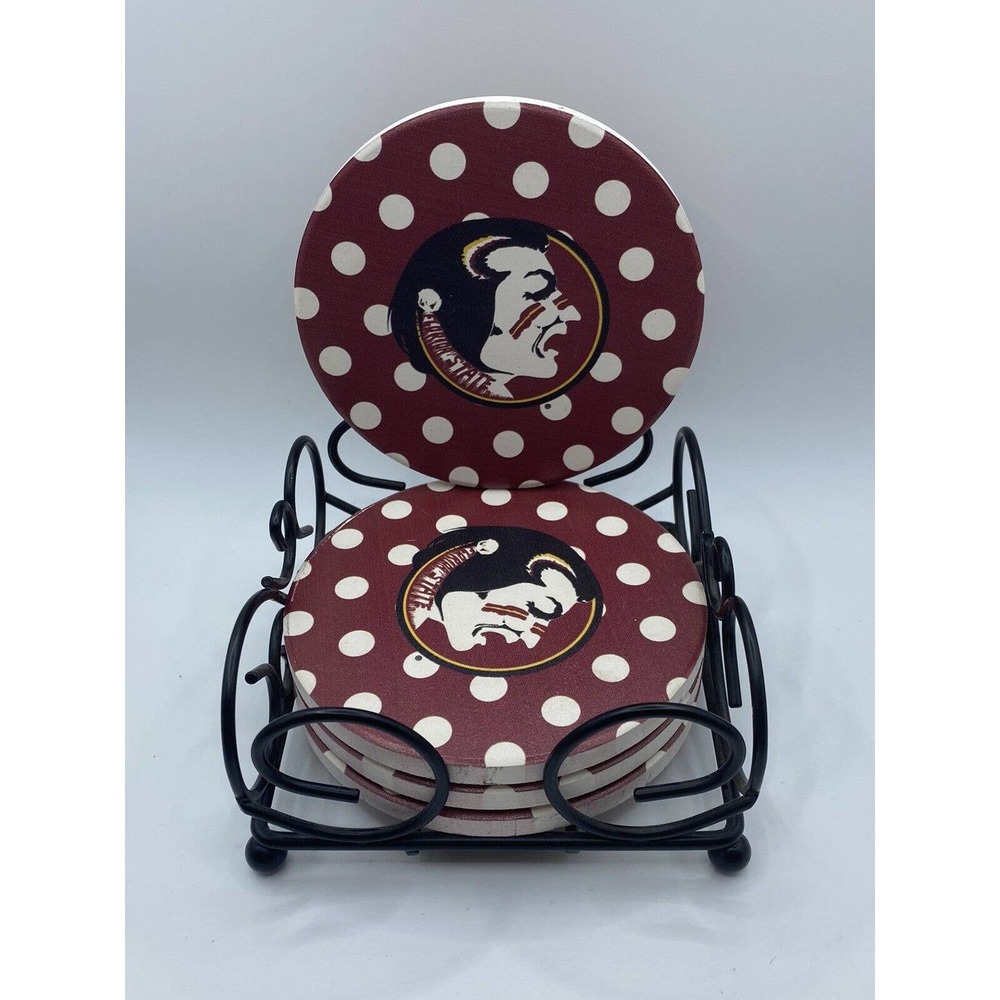 FSU SEMINOLES Four Pack Cork Coaster Set With Storage Holder Football Fan Gift